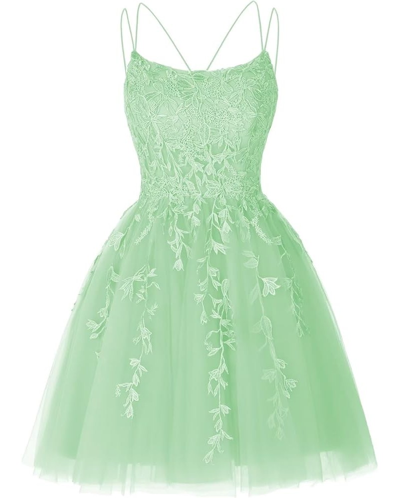 Junior's Lace Applique Homecoming Dresses for Teens 2023 Spaghetti Straps Tulle A-line Short Prom Cocktail Gowns YO062 Mint G...