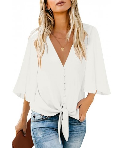 Women's Casual V Neck Tops 3/4 Sleeve Tie Knot Blouses Solid Button Down Shirts White $17.06 Blouses