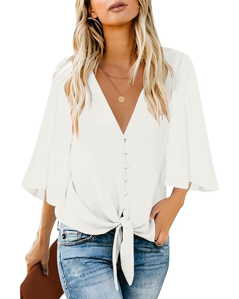 Women's Casual V Neck Tops 3/4 Sleeve Tie Knot Blouses Solid Button Down Shirts White $17.06 Blouses