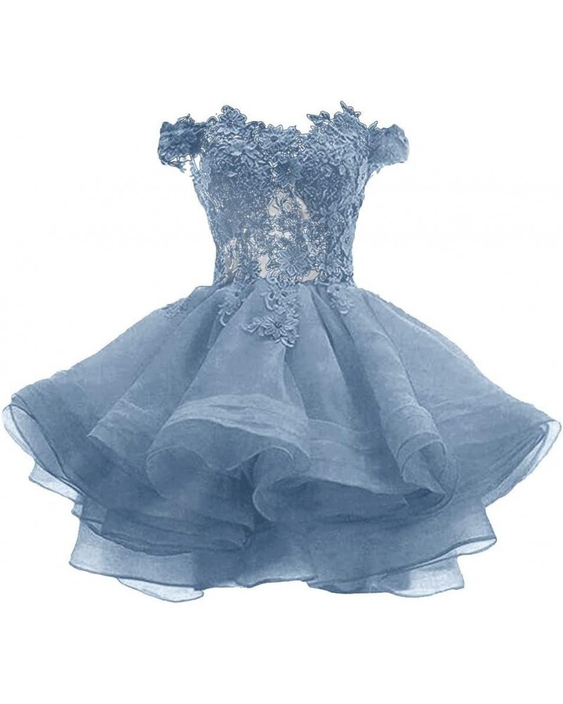 Teens Short Prom Dresses Off The Shoulder Lace Applique Homecoming Dress Organza Cocktail Dresses Dusty Blue $39.96 Dresses