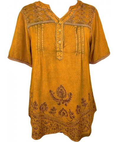 Women's Boho Medieval Embroidered Button Down Asymmetrical Hem Short Sleeve Ruffle Mandarin Shirt Top Blouse Old Gold 2 $16.7...