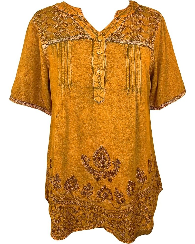 Women's Boho Medieval Embroidered Button Down Asymmetrical Hem Short Sleeve Ruffle Mandarin Shirt Top Blouse Old Gold 2 $16.7...