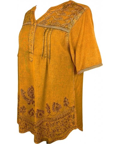 Women's Boho Medieval Embroidered Button Down Asymmetrical Hem Short Sleeve Ruffle Mandarin Shirt Top Blouse Old Gold 2 $16.7...