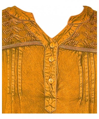 Women's Boho Medieval Embroidered Button Down Asymmetrical Hem Short Sleeve Ruffle Mandarin Shirt Top Blouse Old Gold 2 $16.7...