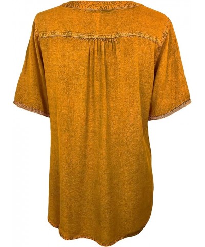 Women's Boho Medieval Embroidered Button Down Asymmetrical Hem Short Sleeve Ruffle Mandarin Shirt Top Blouse Old Gold 2 $16.7...