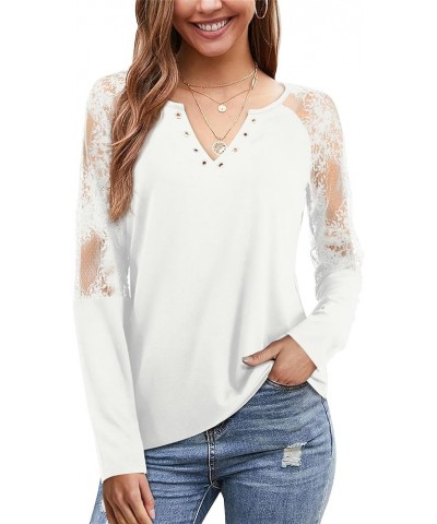 Women's Long Sleeve Shirts Lace Patchwork Button Down Casual Blouse V Neck Henley Tops White $17.91 Tops