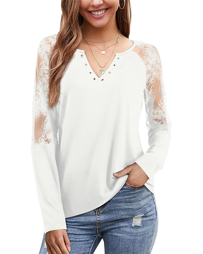 Women's Long Sleeve Shirts Lace Patchwork Button Down Casual Blouse V Neck Henley Tops White $17.91 Tops