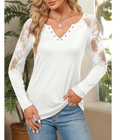 Women's Long Sleeve Shirts Lace Patchwork Button Down Casual Blouse V Neck Henley Tops White $17.91 Tops