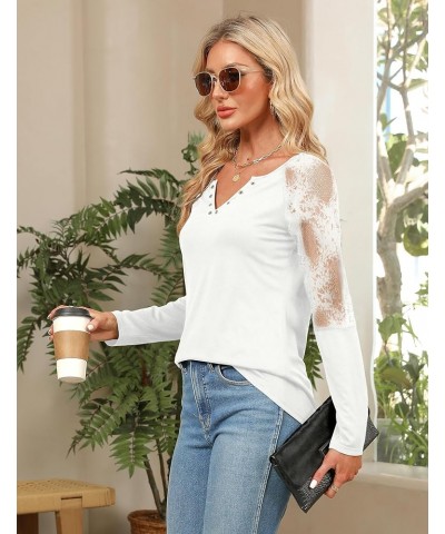 Women's Long Sleeve Shirts Lace Patchwork Button Down Casual Blouse V Neck Henley Tops White $17.91 Tops