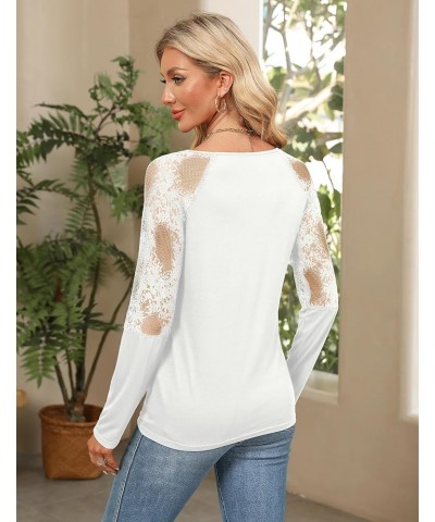 Women's Long Sleeve Shirts Lace Patchwork Button Down Casual Blouse V Neck Henley Tops White $17.91 Tops