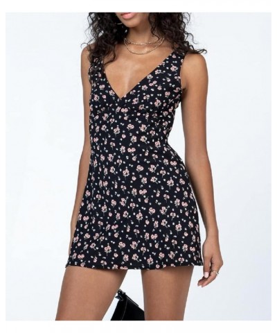 Women Y2K Floral Mini Dress V Neck Sleeveless Sundress A-Line Short Going Out Dresses Trendy Summer Streetwear H-black $10.25...