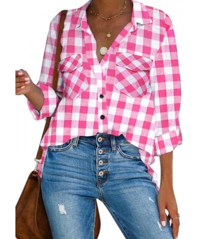 Women's Long Roll Up Sleeve Cotton Flannels Plaid Shirts Classic Fit Button Down Shirt Blouses with Pockets 01_pink $16.95 Bl...