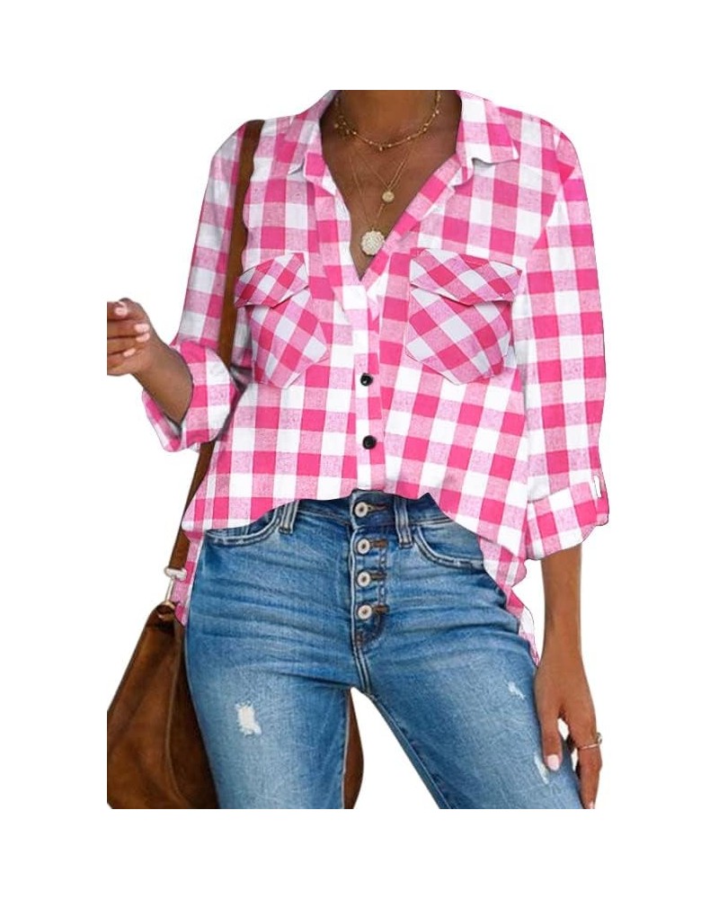 Women's Long Roll Up Sleeve Cotton Flannels Plaid Shirts Classic Fit Button Down Shirt Blouses with Pockets 01_pink $16.95 Bl...