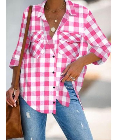 Women's Long Roll Up Sleeve Cotton Flannels Plaid Shirts Classic Fit Button Down Shirt Blouses with Pockets 01_pink $16.95 Bl...