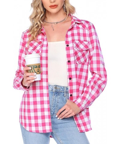 Women's Long Roll Up Sleeve Cotton Flannels Plaid Shirts Classic Fit Button Down Shirt Blouses with Pockets 01_pink $16.95 Bl...