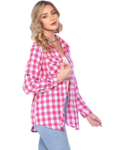 Women's Long Roll Up Sleeve Cotton Flannels Plaid Shirts Classic Fit Button Down Shirt Blouses with Pockets 01_pink $16.95 Bl...