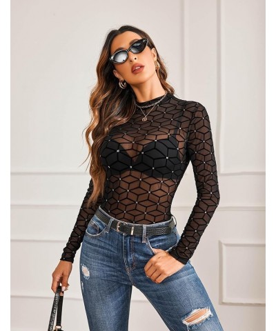 Mesh Top Mesh Top for Women Long Sleeve Mock Neck S-XXL Pat3 $10.56 Blouses