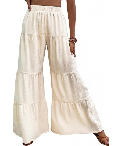 Women's Flowy Boho Elastic High Waist Ruffle Hem Wide Leg Beach Loose Palazzo Pants Beige $21.05 Leggings