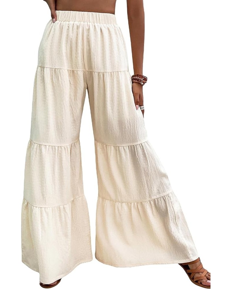 Women's Flowy Boho Elastic High Waist Ruffle Hem Wide Leg Beach Loose Palazzo Pants Beige $21.05 Leggings