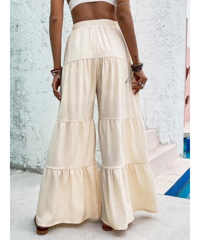 Women's Flowy Boho Elastic High Waist Ruffle Hem Wide Leg Beach Loose Palazzo Pants Beige $21.05 Leggings