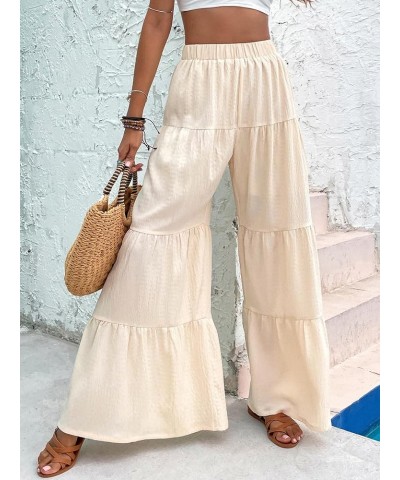 Women's Flowy Boho Elastic High Waist Ruffle Hem Wide Leg Beach Loose Palazzo Pants Beige $21.05 Leggings