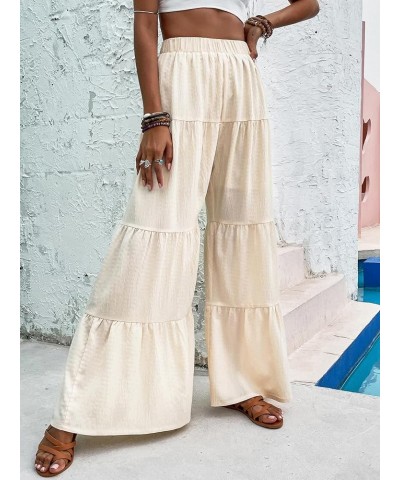 Women's Flowy Boho Elastic High Waist Ruffle Hem Wide Leg Beach Loose Palazzo Pants Beige $21.05 Leggings