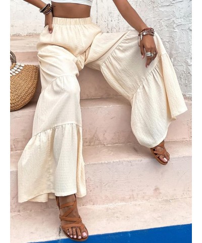 Women's Flowy Boho Elastic High Waist Ruffle Hem Wide Leg Beach Loose Palazzo Pants Beige $21.05 Leggings