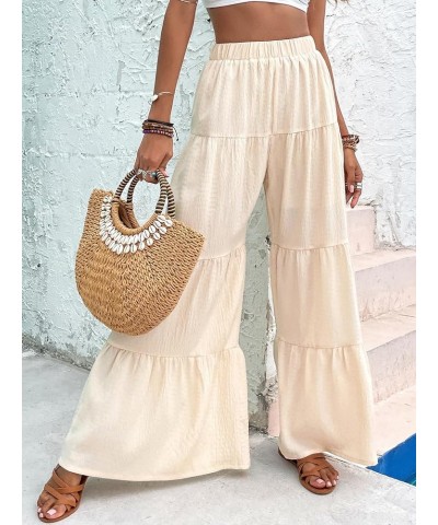 Women's Flowy Boho Elastic High Waist Ruffle Hem Wide Leg Beach Loose Palazzo Pants Beige $21.05 Leggings