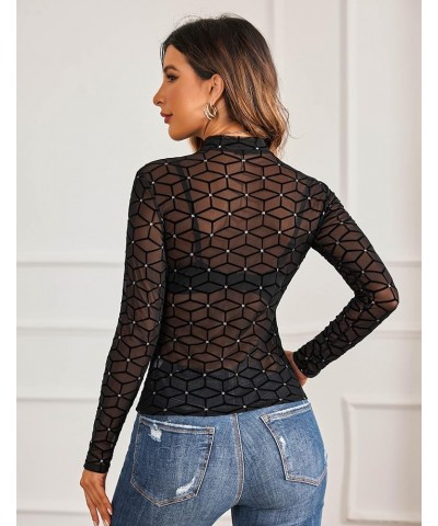 Mesh Top Mesh Top for Women Long Sleeve Mock Neck S-XXL Pat3 $10.56 Blouses