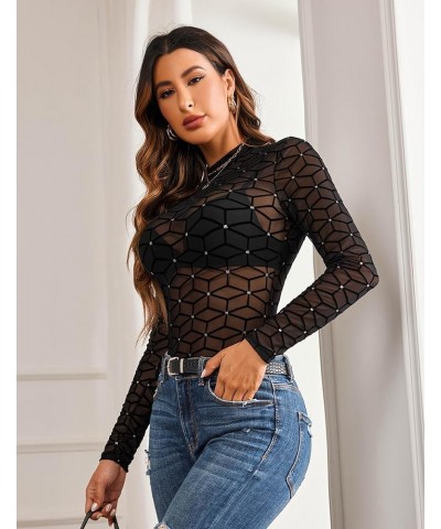 Mesh Top Mesh Top for Women Long Sleeve Mock Neck S-XXL Pat3 $10.56 Blouses