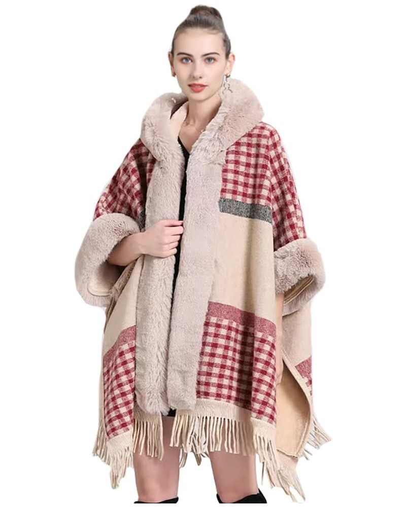 Women Plaid Faux Fur Trim Poncho Tartan Cozy Cashmere Cape Oversized Shawl Winter Fringed Hooded Cardigan Cloak with Tassels ...