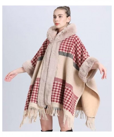 Women Plaid Faux Fur Trim Poncho Tartan Cozy Cashmere Cape Oversized Shawl Winter Fringed Hooded Cardigan Cloak with Tassels ...