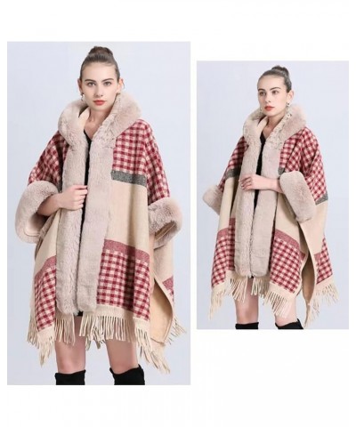 Women Plaid Faux Fur Trim Poncho Tartan Cozy Cashmere Cape Oversized Shawl Winter Fringed Hooded Cardigan Cloak with Tassels ...