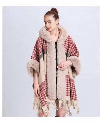 Women Plaid Faux Fur Trim Poncho Tartan Cozy Cashmere Cape Oversized Shawl Winter Fringed Hooded Cardigan Cloak with Tassels ...