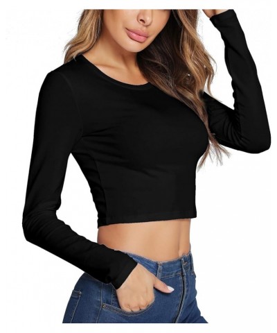 Women's Basic Round Neck Long Sleeve Crop Top Cotton Stretchy Sexy Slim Fitted Shirts Black $8.99 T-Shirts