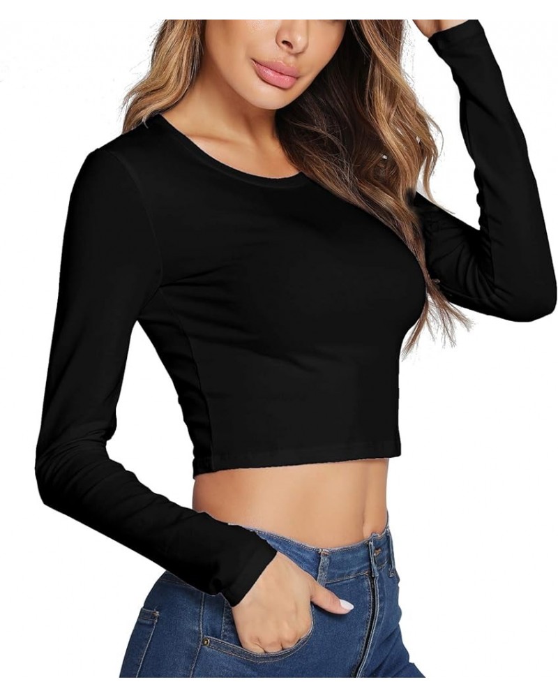 Women's Basic Round Neck Long Sleeve Crop Top Cotton Stretchy Sexy Slim Fitted Shirts Black $8.99 T-Shirts