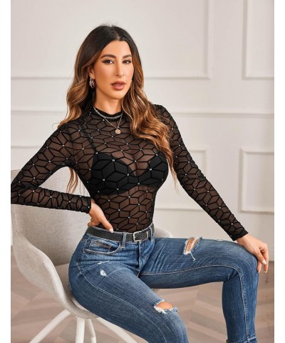 Mesh Top Mesh Top for Women Long Sleeve Mock Neck S-XXL Pat3 $10.56 Blouses