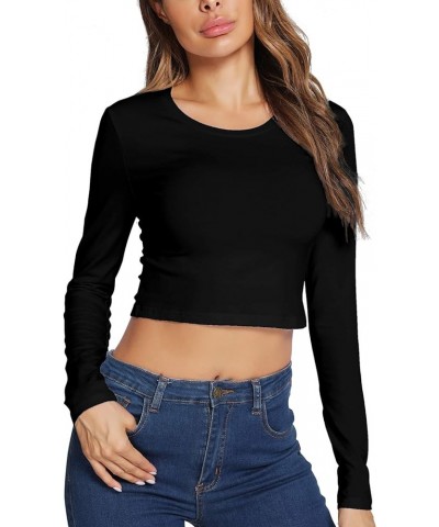 Women's Basic Round Neck Long Sleeve Crop Top Cotton Stretchy Sexy Slim Fitted Shirts Black $8.99 T-Shirts