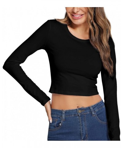 Women's Basic Round Neck Long Sleeve Crop Top Cotton Stretchy Sexy Slim Fitted Shirts Black $8.99 T-Shirts