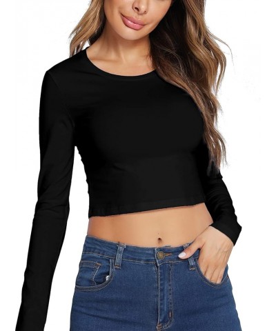 Women's Basic Round Neck Long Sleeve Crop Top Cotton Stretchy Sexy Slim Fitted Shirts Black $8.99 T-Shirts