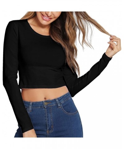 Women's Basic Round Neck Long Sleeve Crop Top Cotton Stretchy Sexy Slim Fitted Shirts Black $8.99 T-Shirts