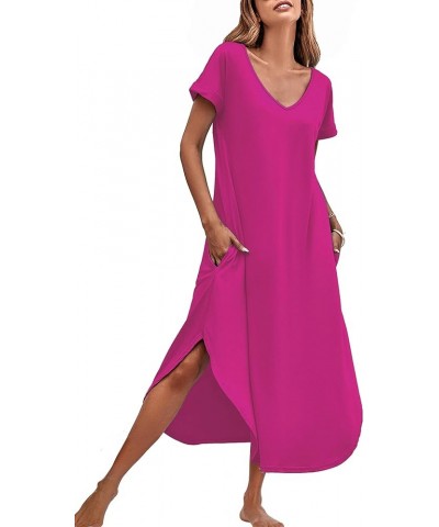 Nightgowns for Women V Neck Nightshirts Short Sleeve Soft Sleepwear Side Split Pockets Long Nightdress S-3XL Rose Red $10.25 ...