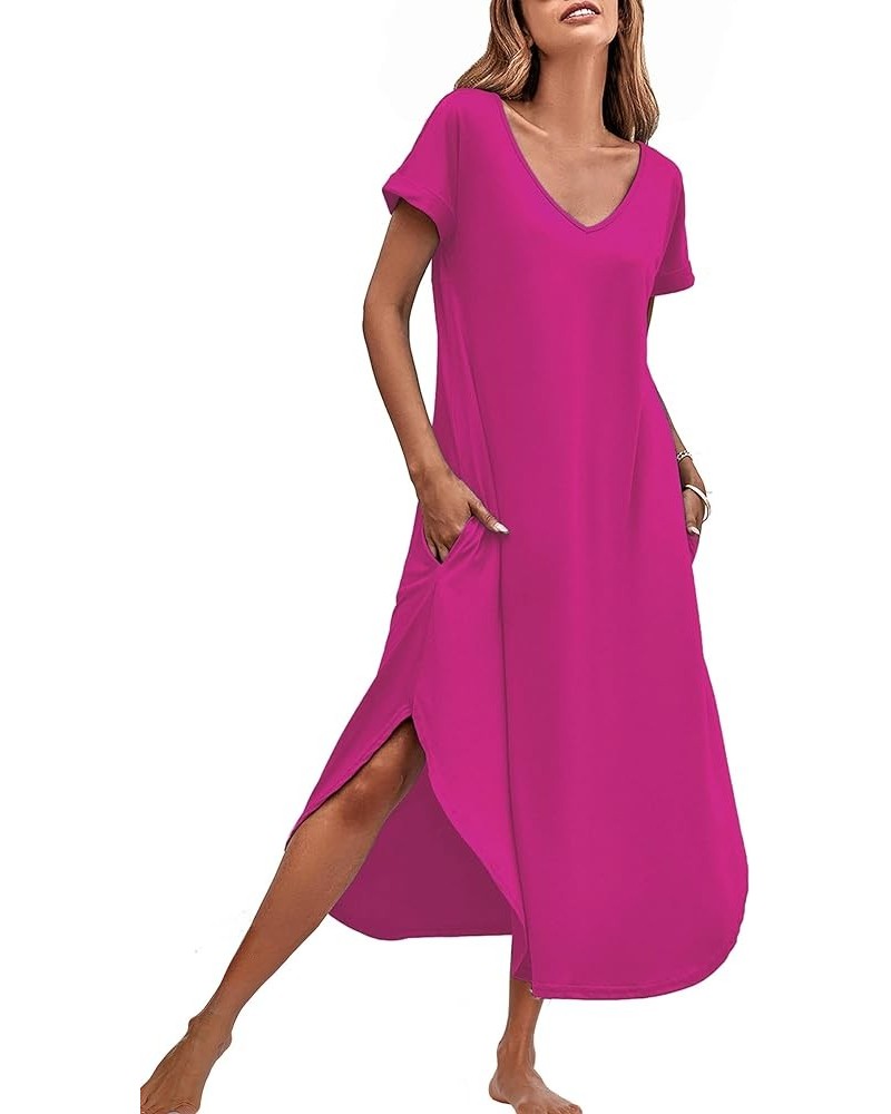 Nightgowns for Women V Neck Nightshirts Short Sleeve Soft Sleepwear Side Split Pockets Long Nightdress S-3XL Rose Red $10.25 ...