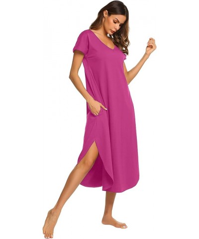 Nightgowns for Women V Neck Nightshirts Short Sleeve Soft Sleepwear Side Split Pockets Long Nightdress S-3XL Rose Red $10.25 ...