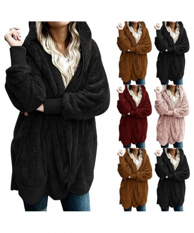 Womens Fuzzy Fleece Jacket Open Front Hooded Cardigan Oversized Solid Sherpa Jacket Winter Warm Outwear with Pocket Army Gree...