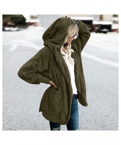 Womens Fuzzy Fleece Jacket Open Front Hooded Cardigan Oversized Solid Sherpa Jacket Winter Warm Outwear with Pocket Army Gree...