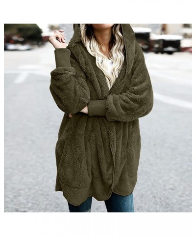 Womens Fuzzy Fleece Jacket Open Front Hooded Cardigan Oversized Solid Sherpa Jacket Winter Warm Outwear with Pocket Army Gree...