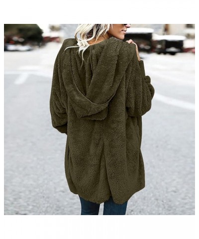 Womens Fuzzy Fleece Jacket Open Front Hooded Cardigan Oversized Solid Sherpa Jacket Winter Warm Outwear with Pocket Army Gree...