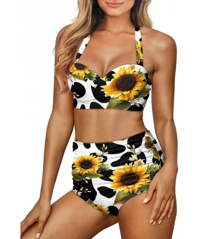 Womens Summer Bikini High Waisted Swimsuits Fashion Design Two Piece Bathing Suits Tummy Control Swimwear Cow & Sunflowers - ...