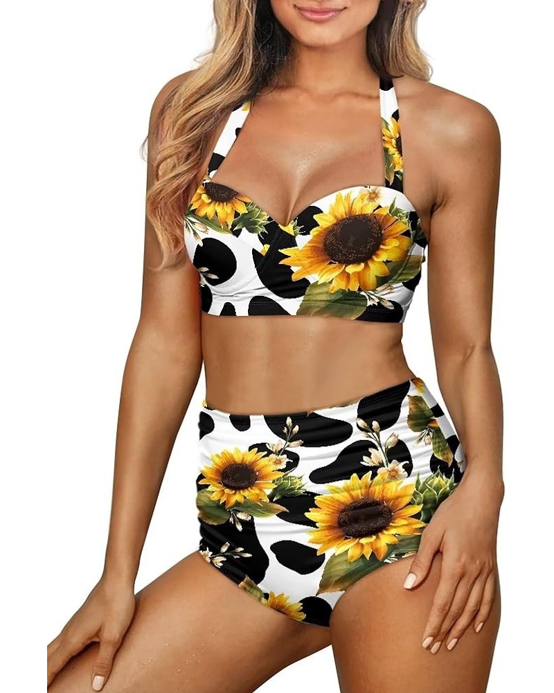 Womens Summer Bikini High Waisted Swimsuits Fashion Design Two Piece Bathing Suits Tummy Control Swimwear Cow & Sunflowers - ...